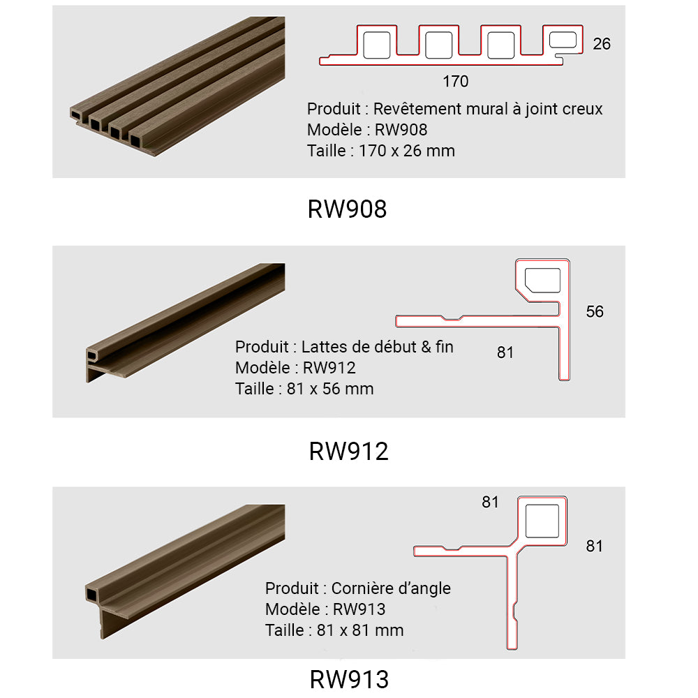 Lot de 3 cornières d'angle bois composite couleur bois longueur 250 cm