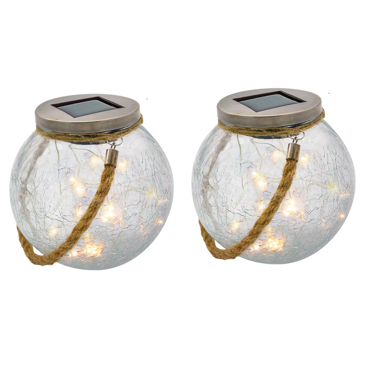 Lot de 2 boules solaires en verre craquelé à poser poignée corde micro LED blanc chaud CRACK BALL CORD H13cm - REDDECO.com