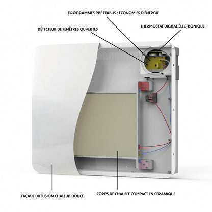 Radiateur électrique à inertie sèche bloc CERAMIQUE + facade VERRE écran LCD 1000W GLASS Norme NF